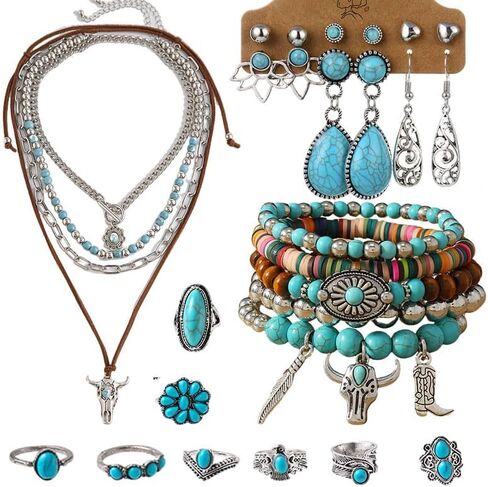 ONLYJUMP 19 Pcs Bohemian Turquoise Jewelry Set for Women Western Style Vintage Jewelry Bundle Multi-Layer Necklaces Stud Dangle Earrings Rings Stackable Bracelets Anniversary Birthday Friendship Holiday Gifts in Kuwait