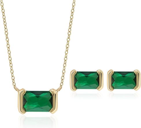Meissa Square Emerald Earring Necklace Set for Women 925 Sterling Silver Emerald Earring Necklace Set Handmade Gold Necklace May Birthstone Jewelry Gift in Kuwait