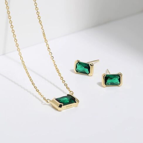 Meissa Square Emerald Earring Necklace Set for Women 925 Sterling Silver Emerald Earring Necklace Set Handmade Gold Necklace May Birthstone Jewelry Gift in Kuwait