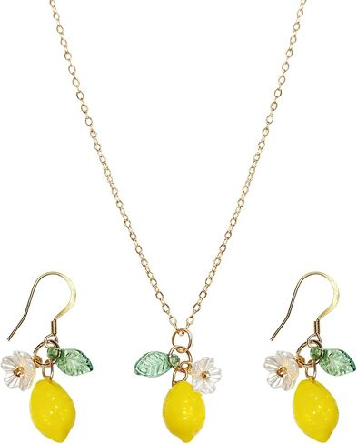 Lemon Earrings and Necklace Set for Women, Cute Fun Fruit Jewelry, Lightweight Resin Lemon Accessories, Vibrant Yellow 3 Piece Citrus Inspired Daily Wear in Saudi Arabia