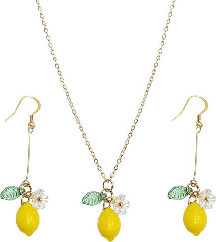 Lemon Earrings and Necklace Set for Women, Cute Fun Fruit Jewelry, Lightweight Resin Lemon Accessories, Vibrant Yellow 3 Piece Citrus Inspired Daily Wear in Saudi Arabia