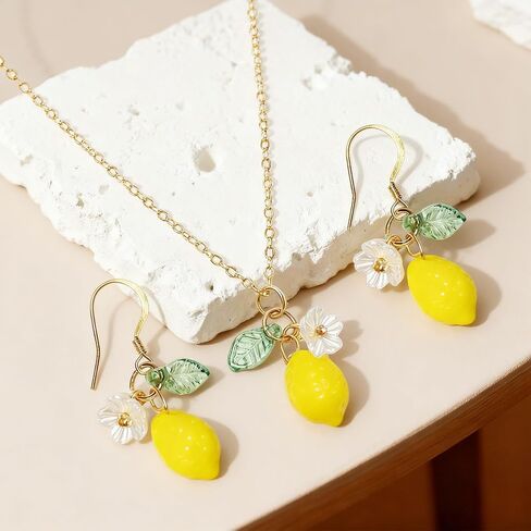 Lemon Earrings and Necklace Set for Women, Cute Fun Fruit Jewelry, Lightweight Resin Lemon Accessories, Vibrant Yellow 3 Piece Citrus Inspired Daily Wear in Saudi Arabia