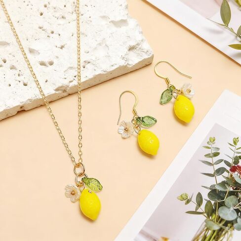 Lemon Earrings and Necklace Set for Women, Cute Fun Fruit Jewelry, Lightweight Resin Lemon Accessories, Vibrant Yellow 3 Piece Citrus Inspired Daily Wear in Saudi Arabia