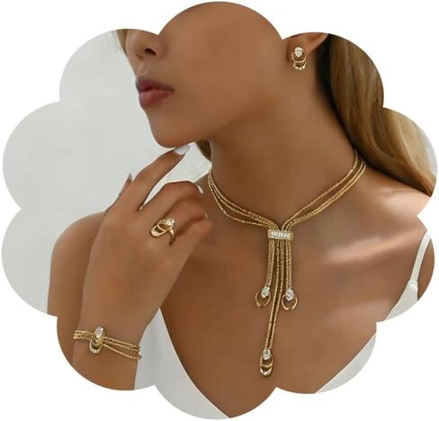 Gold Long Choker Necklace Set for Women Cuban Bracelet Earrings Y Necklace Fashion Chain Jewelry Accessories in Saudi Arabia