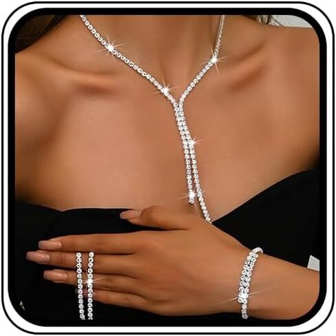 Silver Rhinestone Prom Jewelry Set for Women Bling Costume Crystal Wedding Bridal Choker Necklace Bridesmaid Dangle Earrings Sparkly CZ Bracelets Accessories in Saudi Arabia