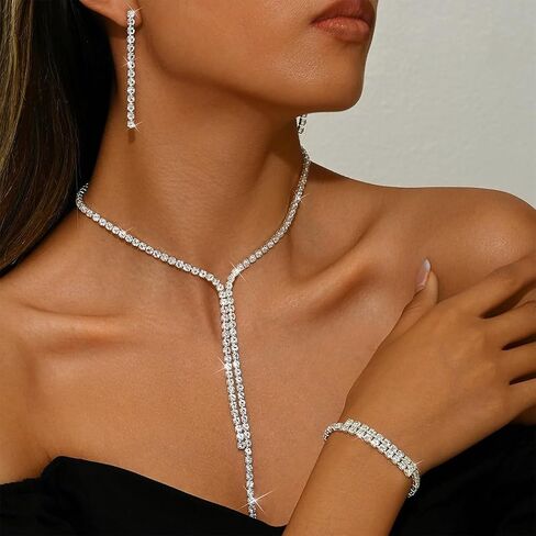 Silver Rhinestone Prom Jewelry Set for Women Bling Costume Crystal Wedding Bridal Choker Necklace Bridesmaid Dangle Earrings Sparkly CZ Bracelets Accessories in Saudi Arabia