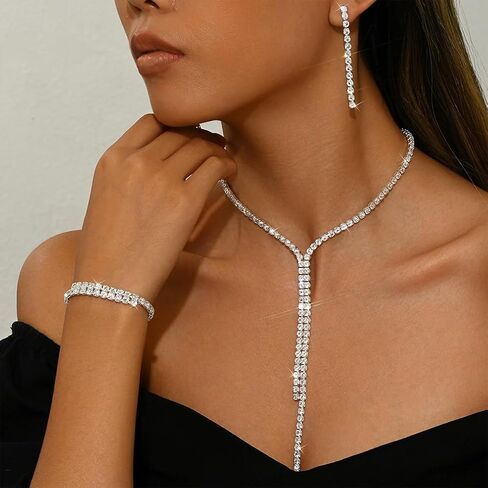 Silver Rhinestone Prom Jewelry Set for Women Bling Costume Crystal Wedding Bridal Choker Necklace Bridesmaid Dangle Earrings Sparkly CZ Bracelets Accessories in Saudi Arabia
