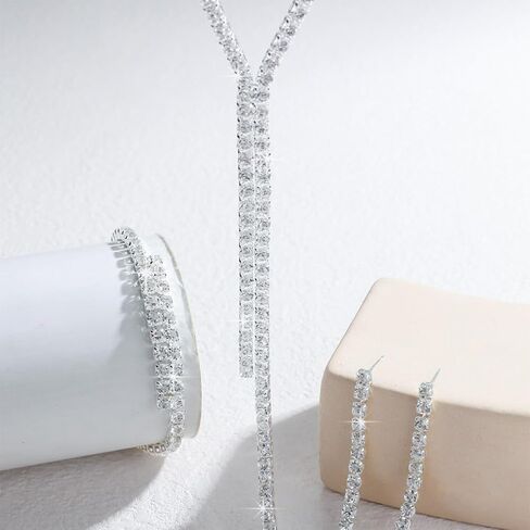Silver Rhinestone Prom Jewelry Set for Women Bling Costume Crystal Wedding Bridal Choker Necklace Bridesmaid Dangle Earrings Sparkly CZ Bracelets Accessories in Saudi Arabia