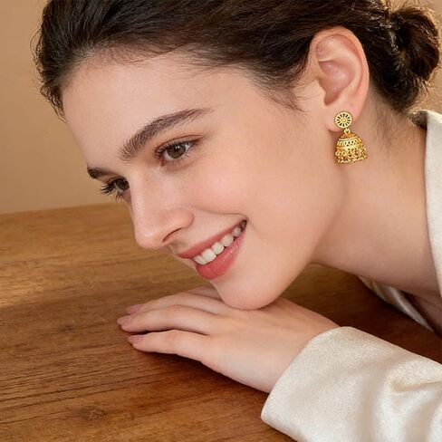 Bohemain Indian Jhumki Bell Beaded Tassel Dangle Earrings for Women Gold Plated Vintage Jhumka Round Filigree Hollowed-Out Statement Dangling Studs Hypoallergenic Festivals Traditional Jewelry in Saudi Arabia