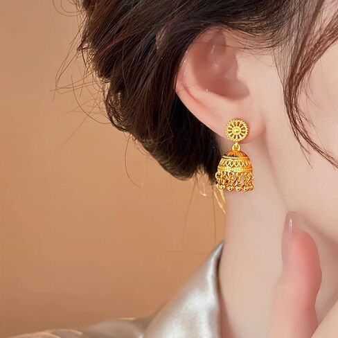 Bohemain Indian Jhumki Bell Beaded Tassel Dangle Earrings for Women Gold Plated Vintage Jhumka Round Filigree Hollowed-Out Statement Dangling Studs Hypoallergenic Festivals Traditional Jewelry in Saudi Arabia