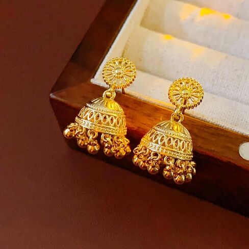 Bohemain Indian Jhumki Bell Beaded Tassel Dangle Earrings for Women Gold Plated Vintage Jhumka Round Filigree Hollowed-Out Statement Dangling Studs Hypoallergenic Festivals Traditional Jewelry in Saudi Arabia