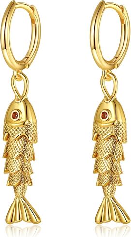 GZQ 14K Gold Fish Dangle Earrings for Women, Lightweight Hypoallergenic Drop Huggie Hoop Earrings for Daily Wear Beach Vacation in Saudi Arabia