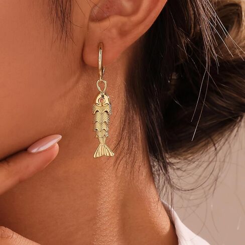 GZQ 14K Gold Fish Dangle Earrings for Women, Lightweight Hypoallergenic Drop Huggie Hoop Earrings for Daily Wear Beach Vacation in Saudi Arabia
