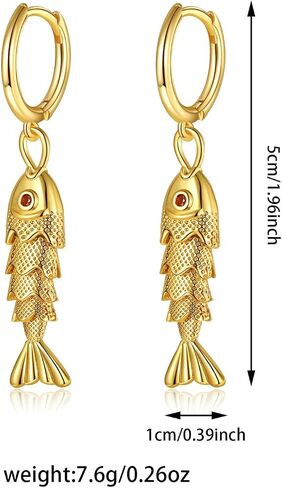 GZQ 14K Gold Fish Dangle Earrings for Women, Lightweight Hypoallergenic Drop Huggie Hoop Earrings for Daily Wear Beach Vacation in Saudi Arabia