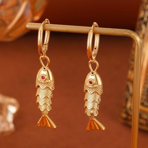GZQ 14K Gold Fish Dangle Earrings for Women, Lightweight Hypoallergenic Drop Huggie Hoop Earrings for Daily Wear Beach Vacation in Saudi Arabia