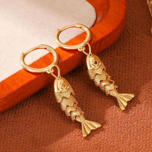 GZQ 14K Gold Fish Dangle Earrings for Women, Lightweight Hypoallergenic Drop Huggie Hoop Earrings for Daily Wear Beach Vacation in Saudi Arabia