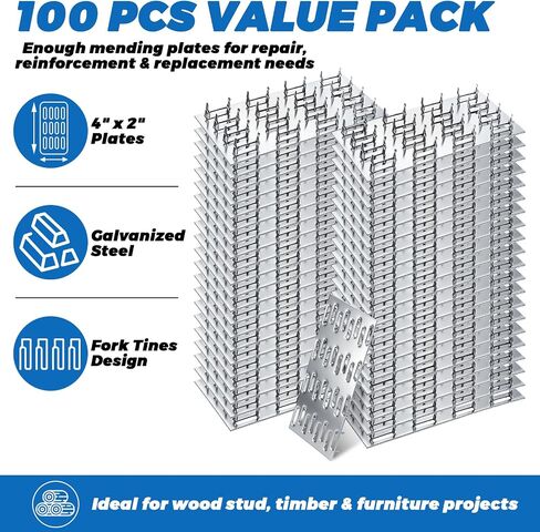 100 Pack Truss Plate, 4" x 2" Pronged Truss Plate Flat Mending Plates Repair Tie Plate Bracket Nail Teeth Height 9mm, Thickness 1mm for Wood Stud Roof Truss Timber in Saudi Arabia
