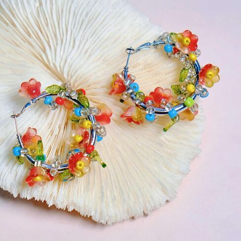 Flower Earrings For Women, Acrylic Beaded Colorful Wreath Wrapping Bohemian Plant Jewelry Gift in Saudi Arabia