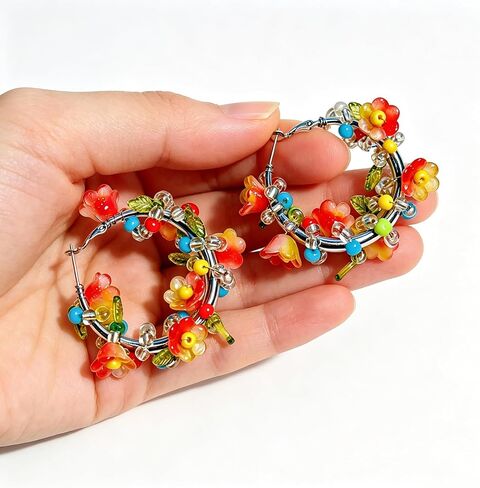 Flower Earrings For Women, Acrylic Beaded Colorful Wreath Wrapping Bohemian Plant Jewelry Gift in Saudi Arabia