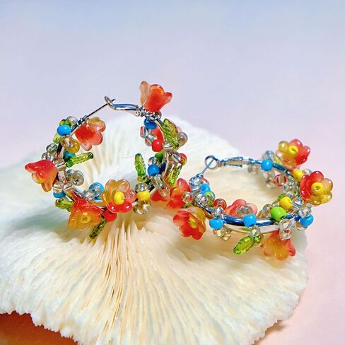 Flower Earrings For Women, Acrylic Beaded Colorful Wreath Wrapping Bohemian Plant Jewelry Gift in Saudi Arabia