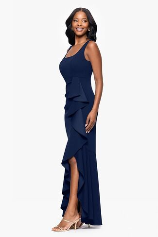 Betsy & Adam Women's Floor-Length, Sleeveless, Ruffle Detail, with Mermaid Silhouette, Navy, 8 in Saudi Arabia