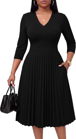 FANDEE Women's Pleated Midi Dress, V-Neck 3/4 Sleeve A-Line Swing Church Wear to Work Dresses with Pockets in Kuwait