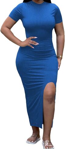 HBQ Women's Ribbed Knit Bodycon Midi Dress Short Sleeve Round Neck Side Slit Stretchy Casual Dress in Saudi Arabia
