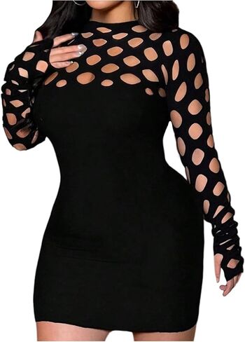 SHENHE Women's Plus Size Hollow Out Long Sleeve Bodycon Dress Crew Neck Party Club Rave Mini Dresses in Kuwait