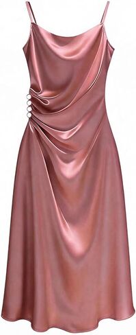 SHENHE Women's Satin Cowl Neck Midi Dress Spaghetti Strap Ruched Waist Button Lounge Dress in Kuwait