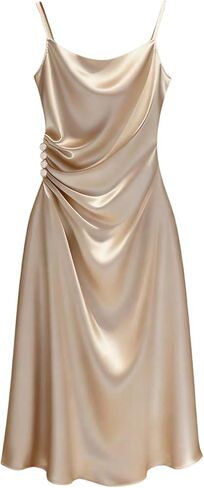 SHENHE Women's Satin Cowl Neck Midi Dress Spaghetti Strap Ruched Waist Button Lounge Dress in Kuwait