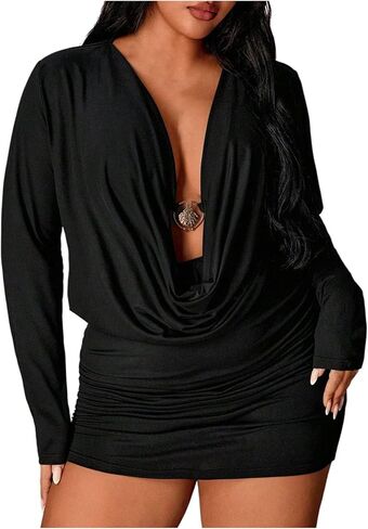 Verdusa Women's Plus Size Metal Drape Low Cut Mini Dress Ruched Bodycon Dresses Club Outfits in Kuwait