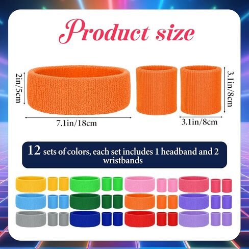 36 PCS Neon Headband and Wristband Set 80s Neons Sweatbands Set | Include 12 Neon Headband 24 Sweat Wristbands Athletic Sweat Bands for Workout Party Cosplay Sports and Daily Wear in Saudi Arabia