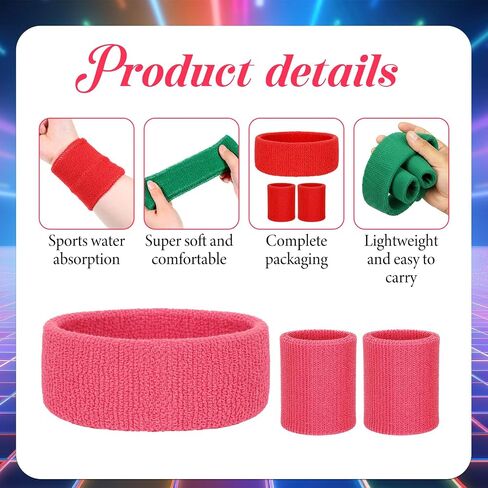 36 PCS Neon Headband and Wristband Set 80s Neons Sweatbands Set | Include 12 Neon Headband 24 Sweat Wristbands Athletic Sweat Bands for Workout Party Cosplay Sports and Daily Wear in Saudi Arabia