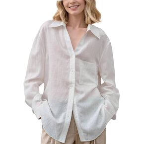 Women's 100% Linen Shirt Button Down Roll Up Long Sleeve Collared Casual Top Summer Vacation Beach Blouse in Saudi Arabia