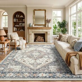 6x9 Area Rugs Washable, Large Indoor Printed Vintage Rugs for Living Room Bedroom, Low-Pile Stain Resistant Carpet with Non Slip Rubber Backing for Dining Room Nursery Home Decor, Light Blue in Saudi Arabia