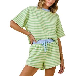 MSBESYOR 2 Piece Striped Lounge Sets, Summer Casual Travel Shorts Outfits Light Green in Saudi Arabia