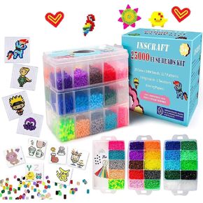Fuse Beads, 25,000 pcs Fuse Beads Kit 26 Colors 5MM, Including 127 Patterns, 4 Big Square Pegboards, 1 Heart Pegboards, 1 Flower Pegboards, Ironing Paper, Tweezers, Beads Compatible by INSCRAFT in Saudi Arabia