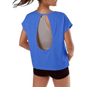 Women's Open Back Workout Tops Loose Fit Short Sleeve T Shirts Casual Crew Neck Athletic Tee for Yoga Gym Running in Saudi Arabia