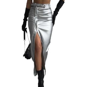 Mandonce Skirts for Women Leather Skirt Zip Up High Waist Maxi Skirt Slim Package Hip Split Long Skirts in Kuwait