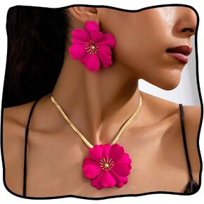 Hot Pink Flower Necklace Earrings Set for Women Chunky Hot Pink Jewelry Set Large Fuchsia Flower Necklace Statement Flowers Earrings Summer Tropical Hawaiian Seaside Jewelry Accessories in Saudi Arabia