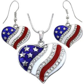 USA American Flag Heart Patriotic 4th of July Independence Day Pendant Necklace & Dangle Earrings Set in Saudi Arabia