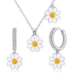 S925 Sterling Silver Daisy Jewelry Set - Necklace, Hoop Earrings, Enamel Flower Design, Cute Floral Beach Jewelry for Women Birthday Party Summer in Saudi Arabia