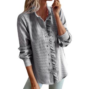 Womens Long Sleeve Ruffle Button Down Tops Fashion Striped Shirt Casual Business Work Blouses in Saudi Arabia