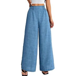 Women's Linen Palazzo Pants Elastic High Waisted Flowy Palazzo Wide Leg Dress Pants Comfortable Lounge Trousers​ in Saudi Arabia