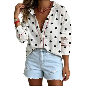 Verdusa Women's Polka Dots Dressy Blouses Long Sleeve Button Down Shirts Collared Tops Spring Outfits in Kuwait