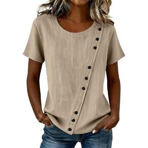 Womens Asymmetrical Button Down Cotton Linen Tops Short Sleeve Casual Crewneck Blouse Vacation Fashion Summer Tees in Saudi Arabia