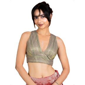 FIGURE'S DESIGNER Women's Sequin Embroidered SabyaSachi Cut V Neck Sleeveless Readymade Saree Blouse E24 in Saudi Arabia
