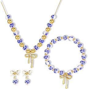 4 Pcs Bow Beads Jewelry Set, Vintage Charm Bracelet for Women, Crystal Gold Butterfly Handmade Stretch Beaded Necklace, Dainty Romantic Bow Earrings for Birthday Gifts, Blue White Porcelain Jewelry in Kuwait