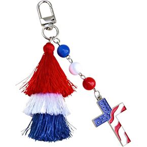 4th of July Keychain with Tassel, Rhinestone Bag Keychain, Red White Blue Beaded Charms for Women Independence Day in Saudi Arabia