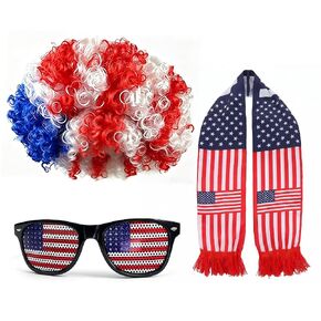3PCS USA World Cup Costume Set, Red White Blue Afro Wig, American Flag Scarf, Sunglasses, Perfect World Soccer Cup Fans Cheer Accessories, Headband Wig for 4th of July Independence Day in Saudi Arabia